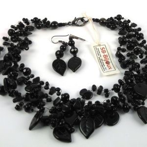 SB-Bijoux Black crystal leafs necklace set